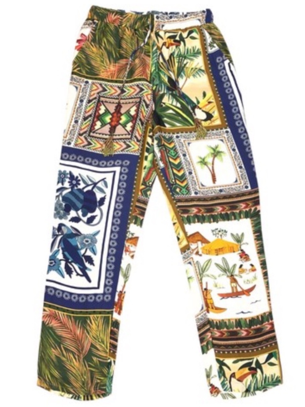 Farm Rio Mixed Scarves Satin Pants Size XS Mix Print Tassel Boho Multicolor